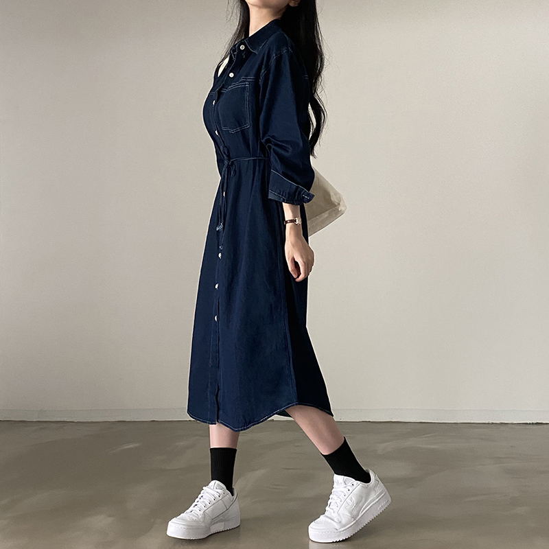 韓版復古翻領單排扣腰帶長袖A字牛仔連身裙(2色)