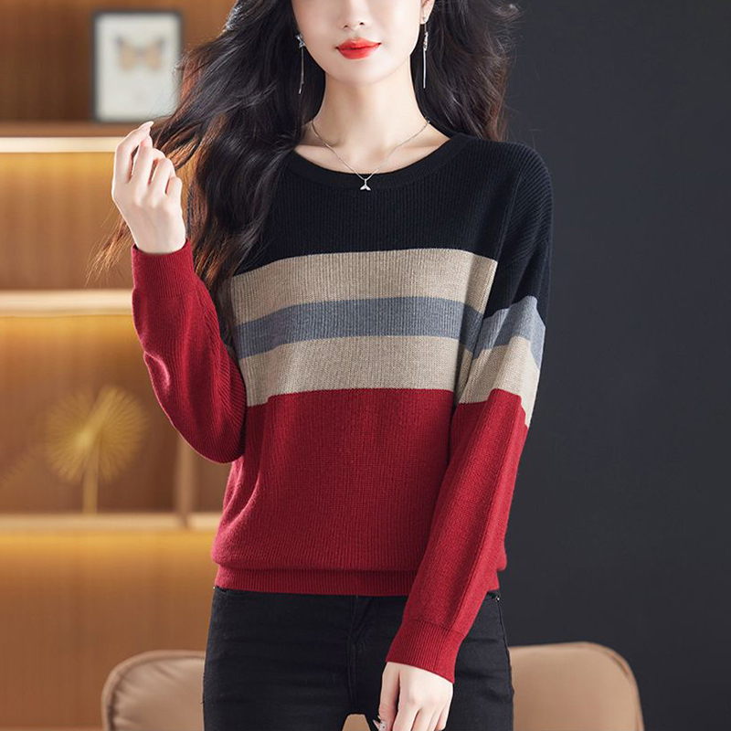 舒適圓領撞色條紋長袖針織衫(2色)