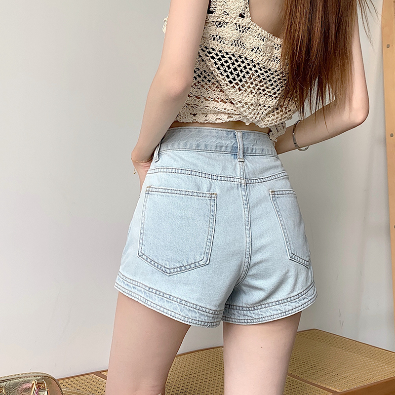 寬鬆闊腳百搭水洗藍色牛仔短褲