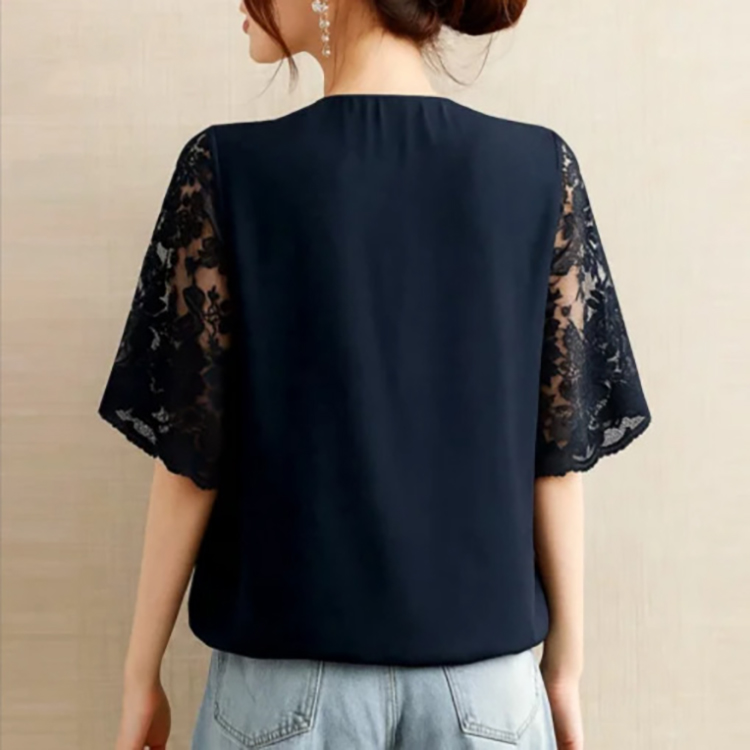 日系V領門襟扣兩袖蕾絲上衣(5色)