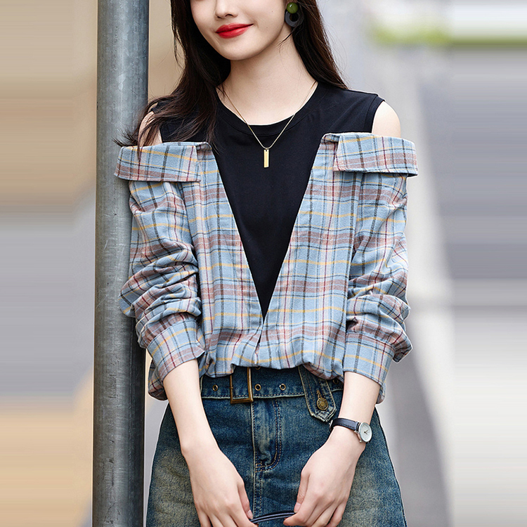 時尚圓領假兩件露肩拼接格紋襯衫