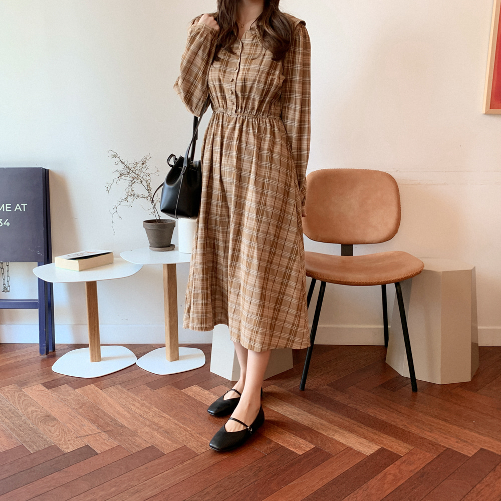 韓系格纹学院风连身裙(2色)