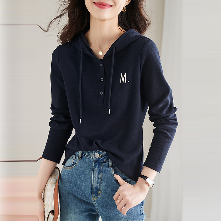 時尚字母刺繡連帽抽繩長袖T恤