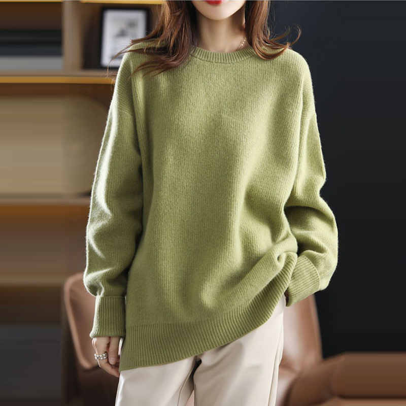 優雅圓領杭條中長款針織衫(3色)