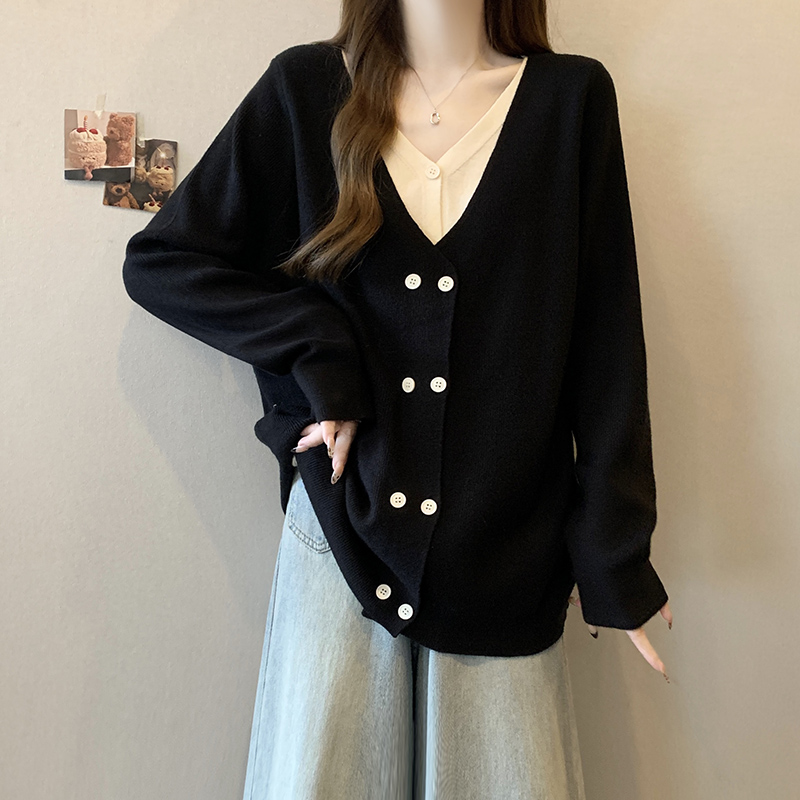 V領撞色假兩件雙排扣針織衫(2色)