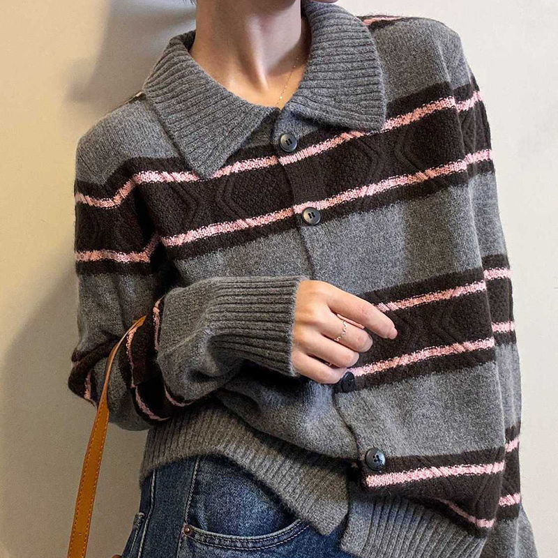 百搭撞色條紋翻領針織開襟衫(3色)