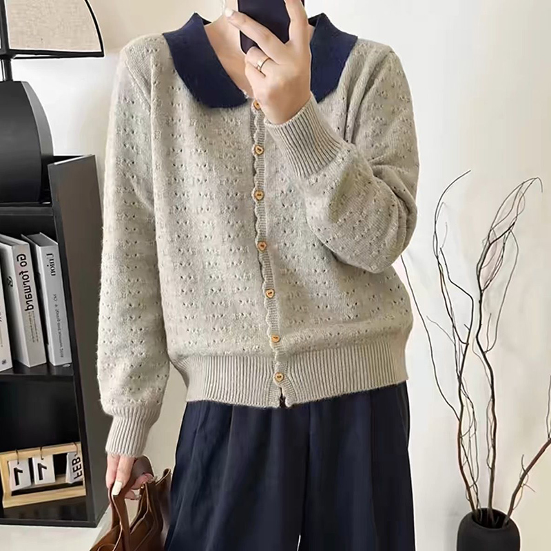 撞色翻領洋氣長袖針織開襟衫(2色)