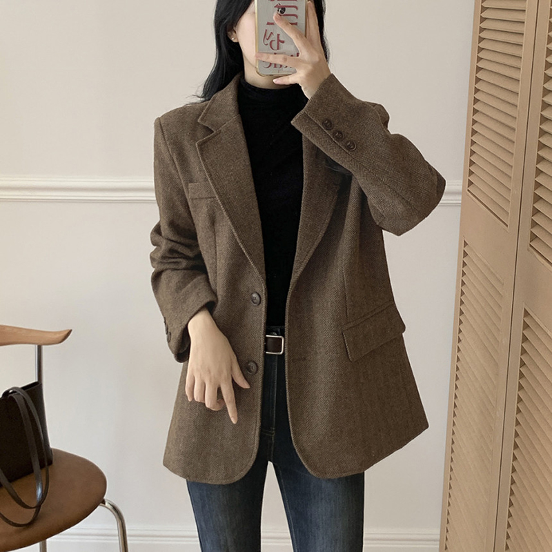 法式單排扣人字斜紋外套(2色)