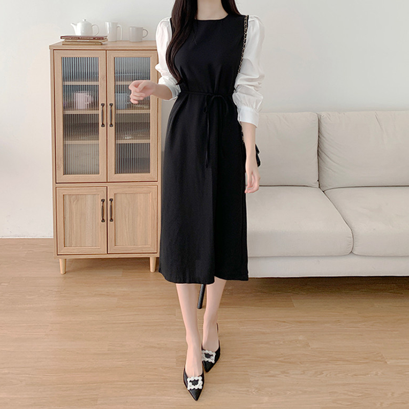 法式圓領撞色長袖连身裙