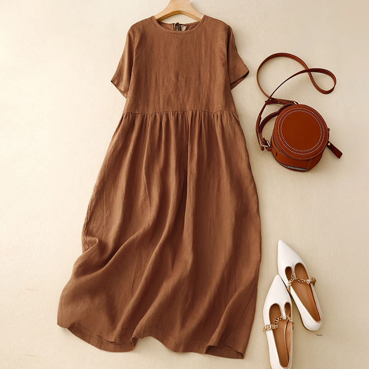 簡約圓領中袖繫帶大擺連身裙(3色)