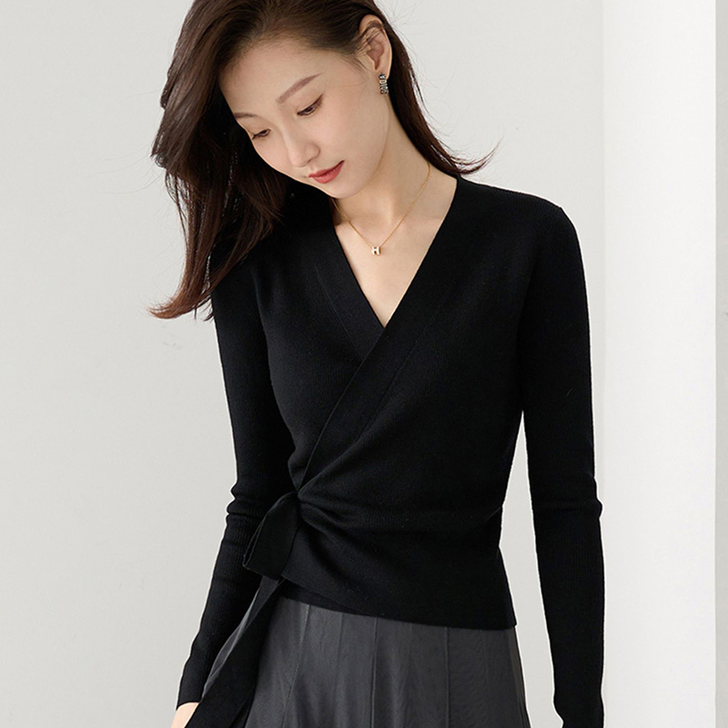 純色圍裹式V領綁帶針織衫(3色)