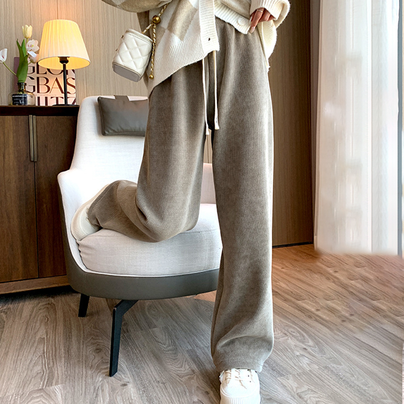 百搭休閒高腰加絨直筒垂感闊腿褲