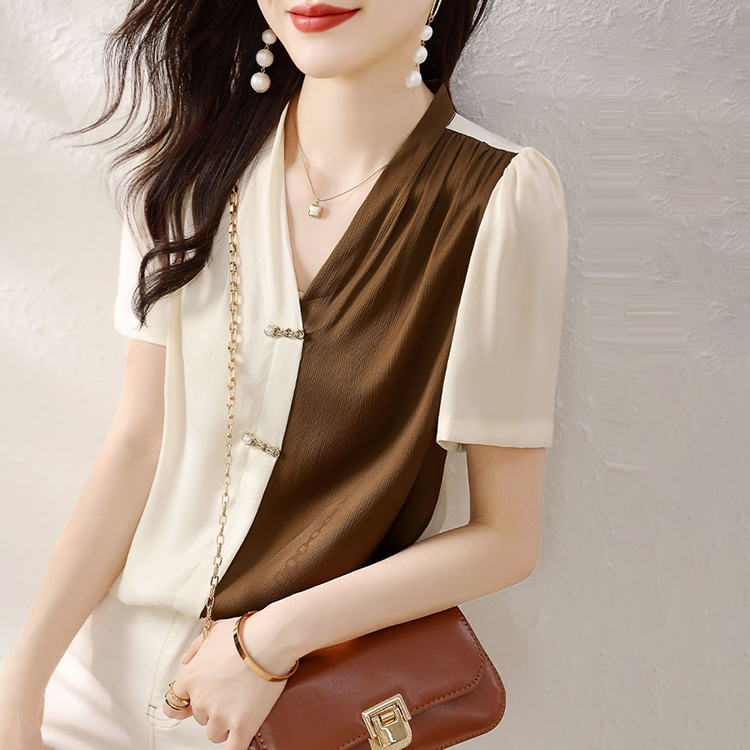 夏季V領輕薄透氣精緻扣撞色襯衫