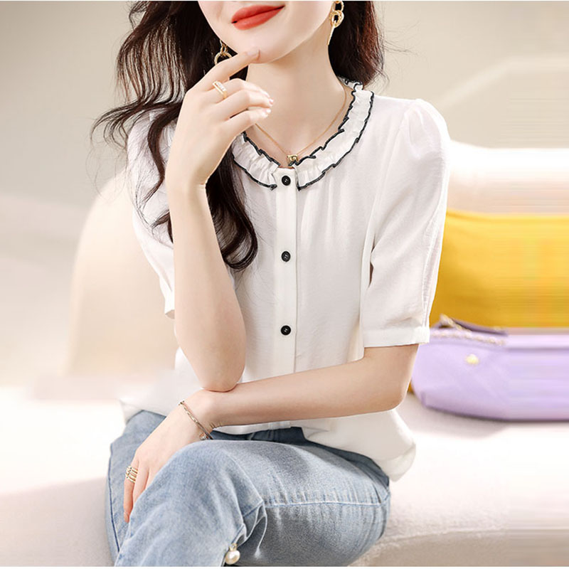 拼色花邊領設計氣質通勤襯衫(2色)