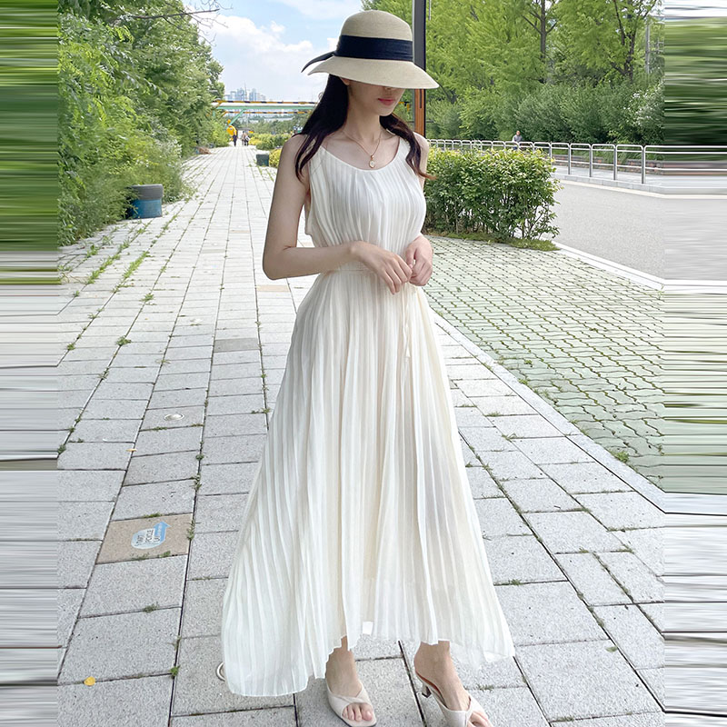 韓系百褶寬鬆繫帶吊帶連身裙(3色)