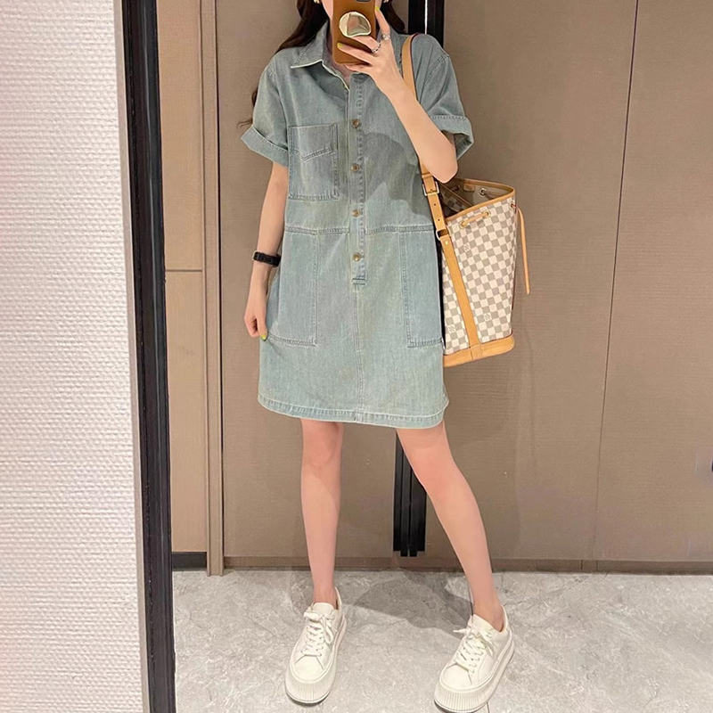 時尚翻領短袖港口味牛仔連身裙(2色)