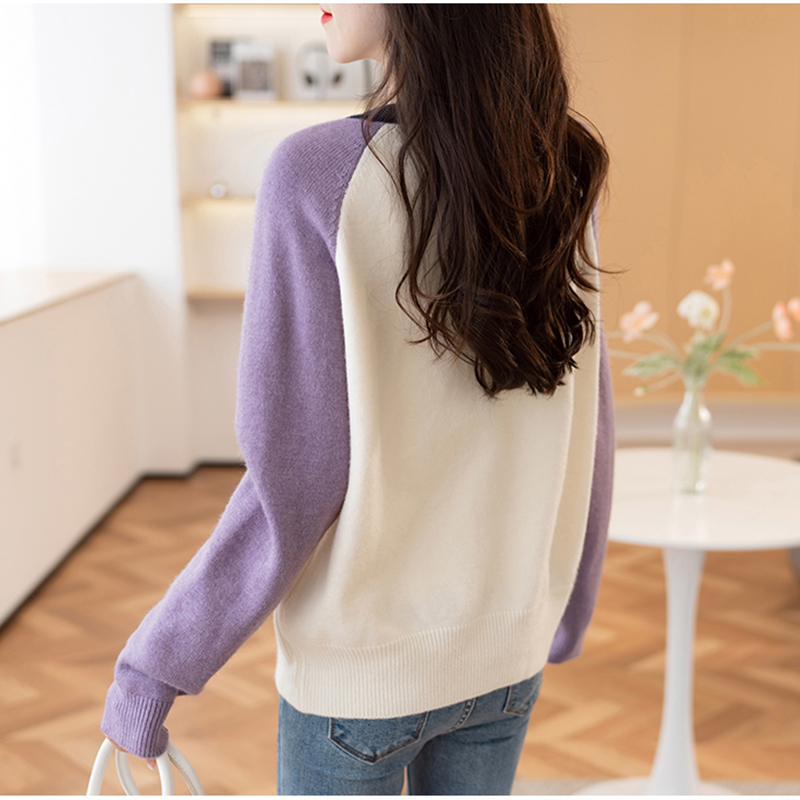 寬鬆圓領拼色插肩袖針織衫(3色)