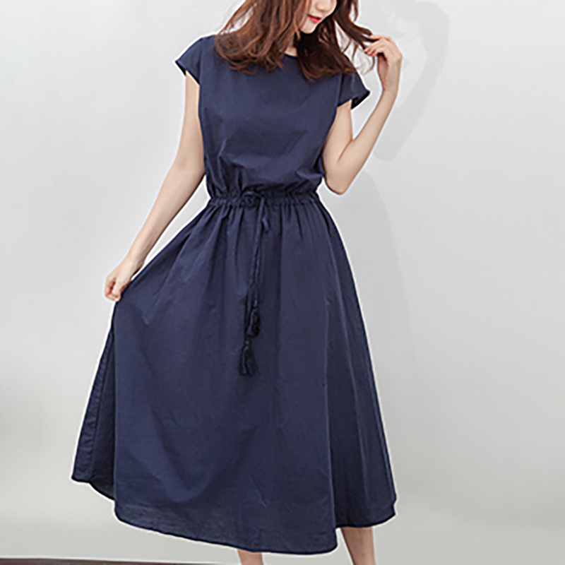 日式簡約文藝可收腰寬鬆棉麻連身裙(9色)