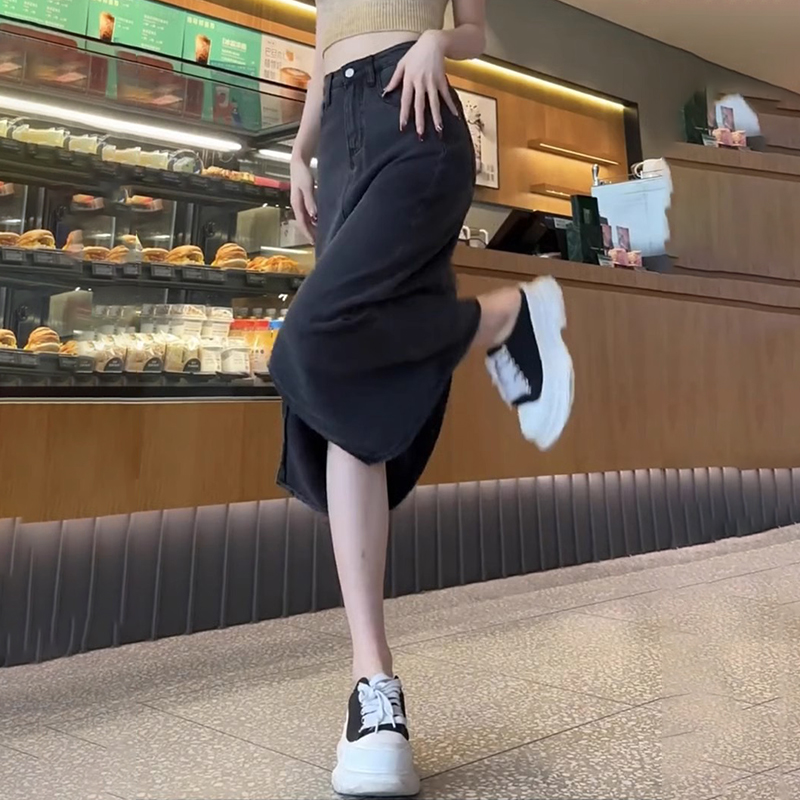 高腰開叉天絲牛仔A字裙(2色)