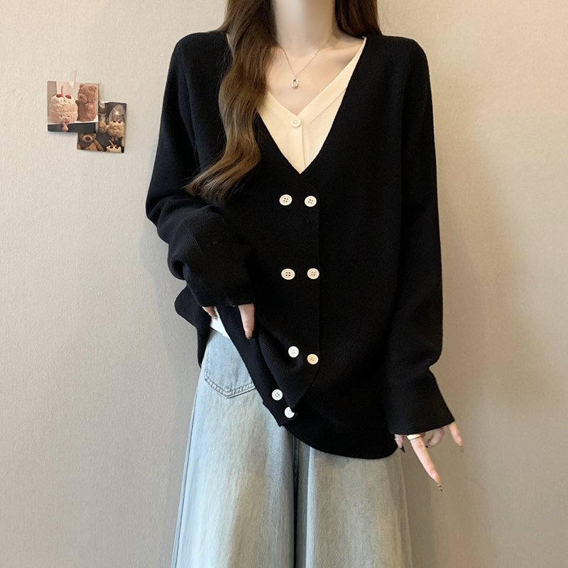 V領撞色假兩件雙排扣針織衫(2色)