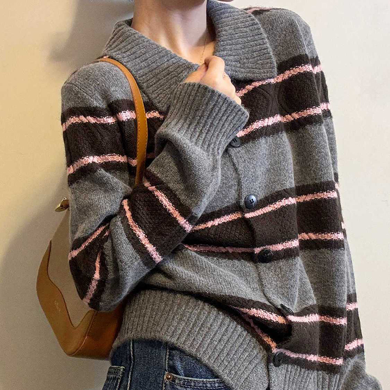 百搭撞色條紋翻領針織開襟衫(3色)