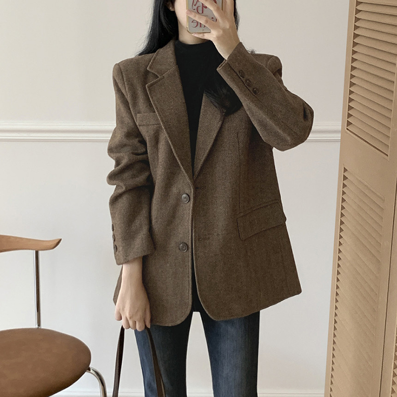 法式單排扣人字斜紋外套(2色)