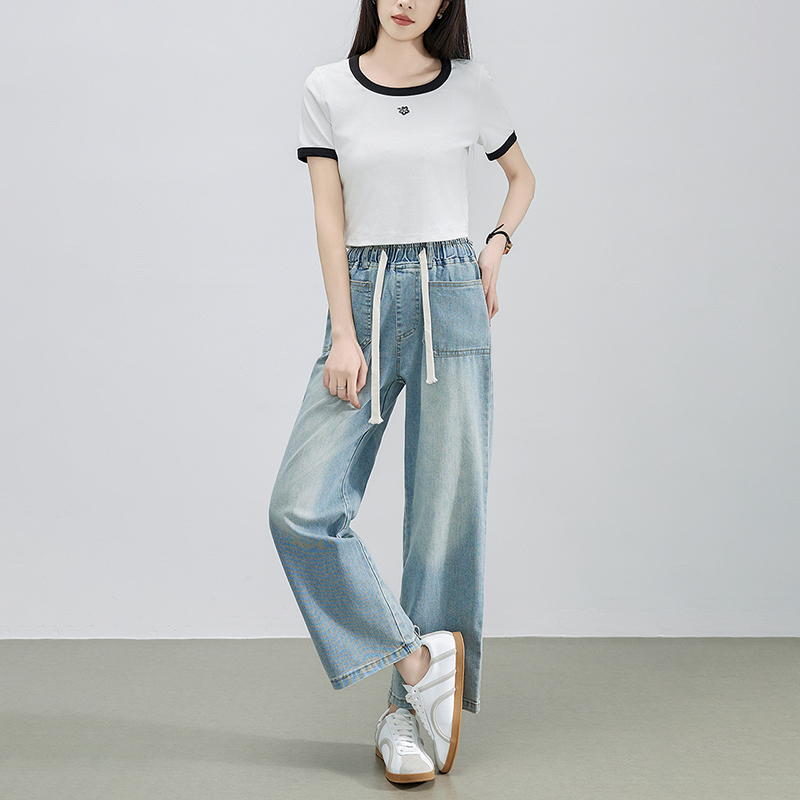 休閒鬆緊腰直筒牛仔褲