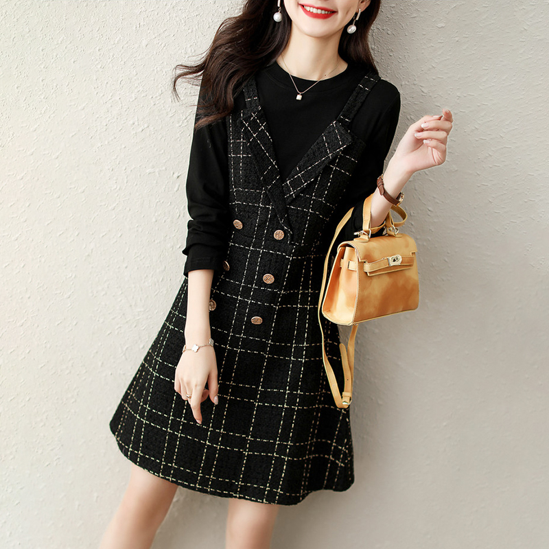 時尚假兩件優雅輕熟格紋連身裙