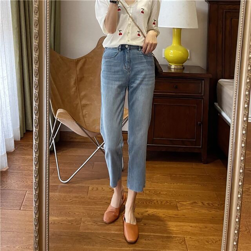洋氣薄款高腰直筒彈性九分牛仔褲