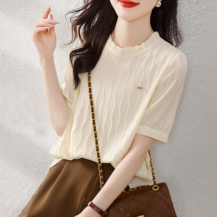法式優雅木耳邊肌理壓花短袖小衫