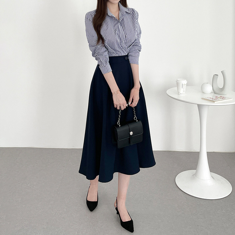 韓版復古條紋拼色襯衫連身裙