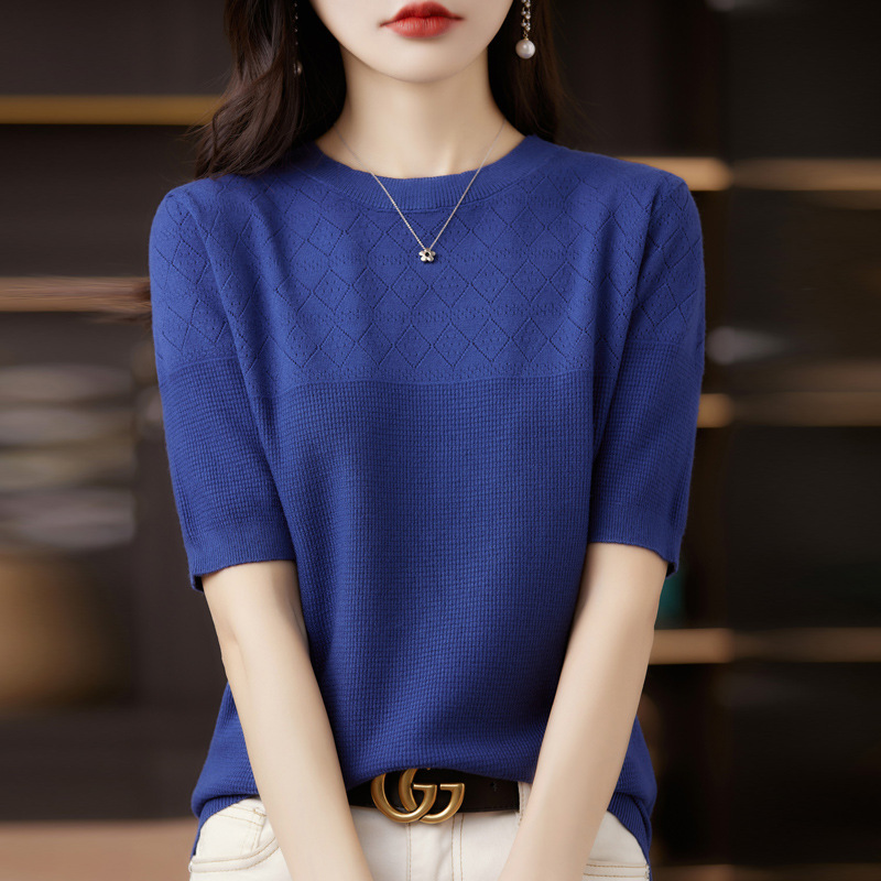 薄款鏤空菱形格針織短袖T恤(14色)