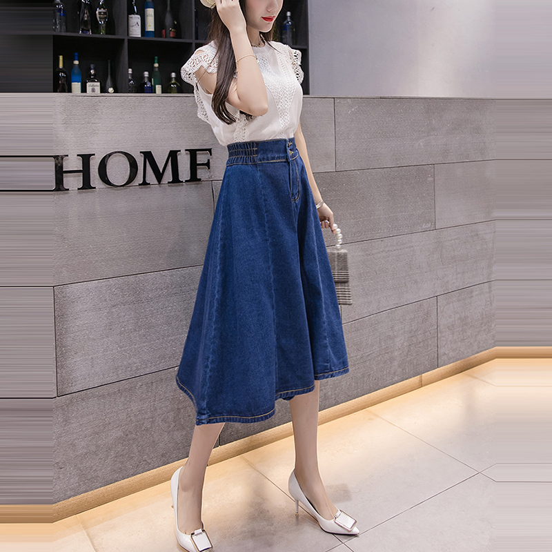 新款鬆緊高腰中長大擺牛仔裙(2色)
