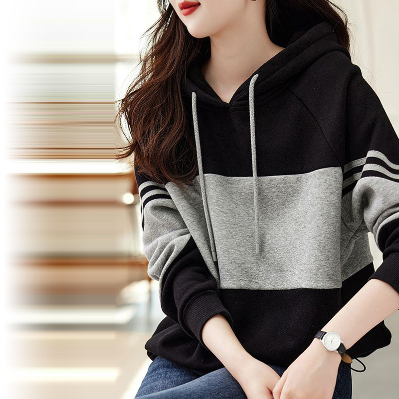 寬鬆條紋拼接休閒連帽衛衣