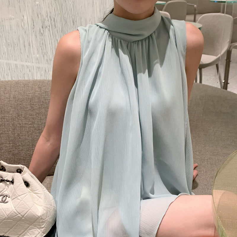 韓系優雅掛脖蝴蝶結無袖背心式襯衫(4色)