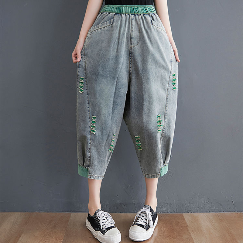 高腰寬鬆破洞撞色顯瘦七分牛仔褲(2色)