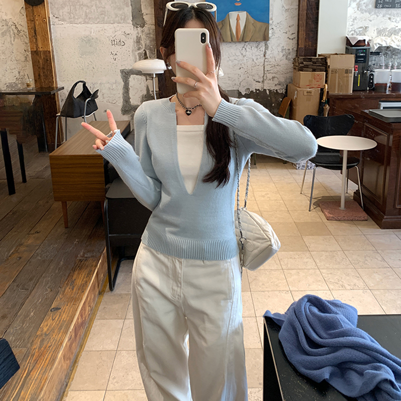 韓系撞色假兩件長袖針織衫(2色)