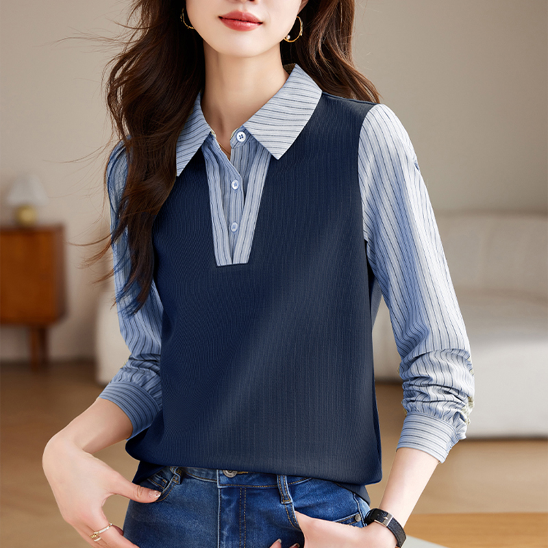 條紋拼接假兩件長袖襯衫(2色)