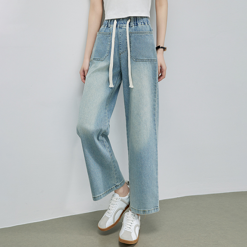 休閒鬆緊腰直筒牛仔褲