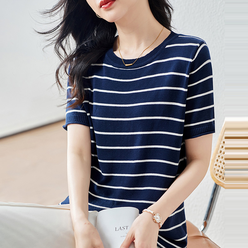 韓系休閒圓領條紋短袖T恤