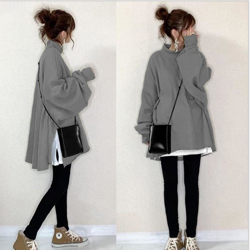 日系假兩件蝙蝠袖荷葉領袋鼠兜長款衛衣(10色)