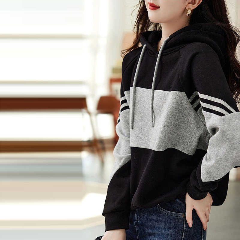 寬鬆條紋拼接休閒連帽衛衣