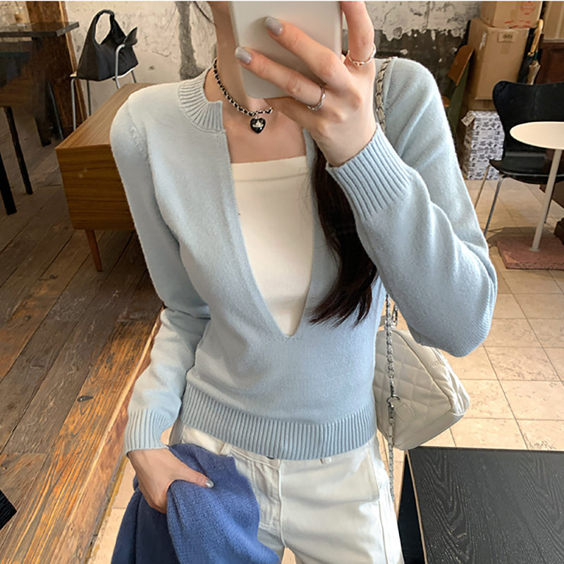 韓系撞色假兩件長袖針織衫(2色)