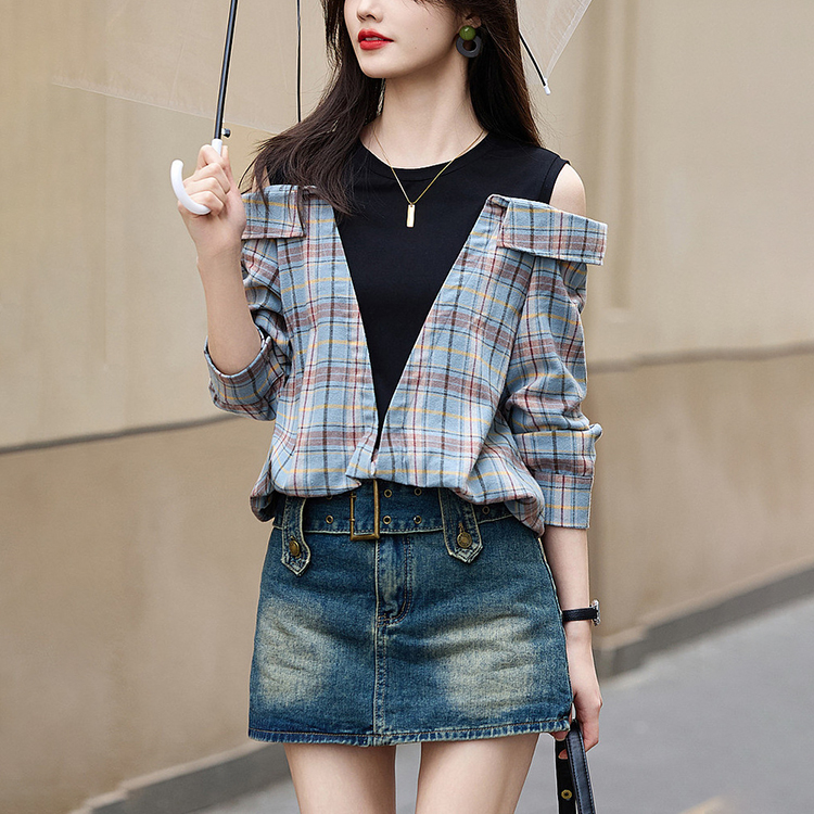 時尚圓領假兩件露肩拼接格紋襯衫