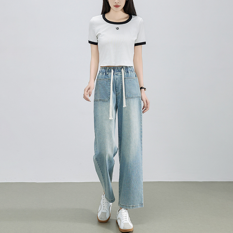 休閒鬆緊腰直筒牛仔褲