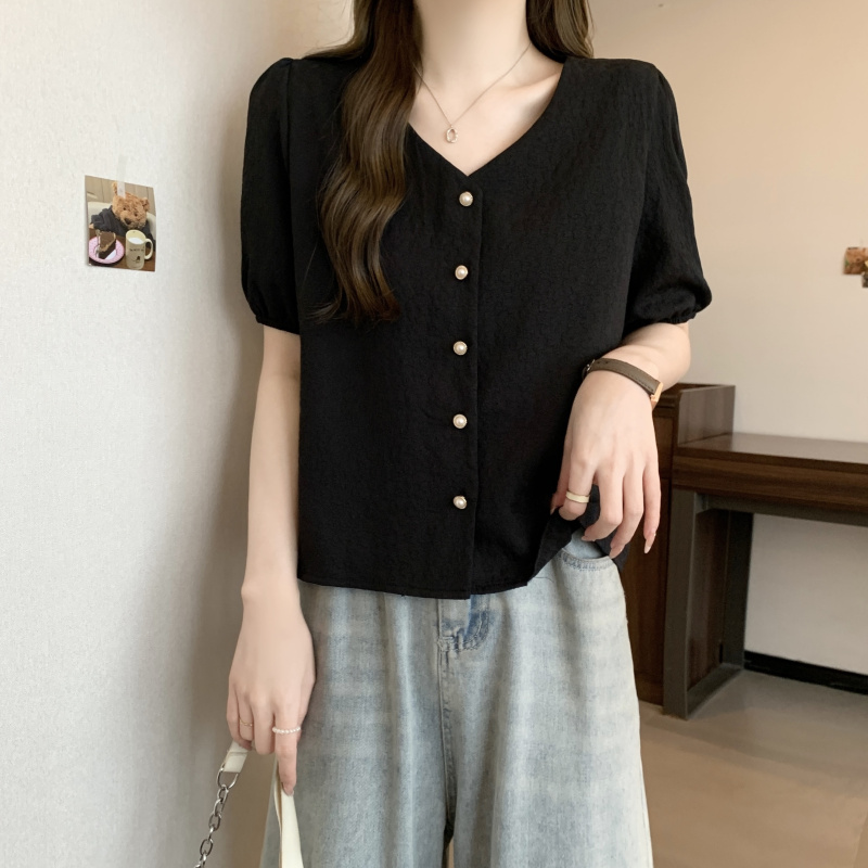 肌理感百搭純色顯瘦短袖襯衫(2色)