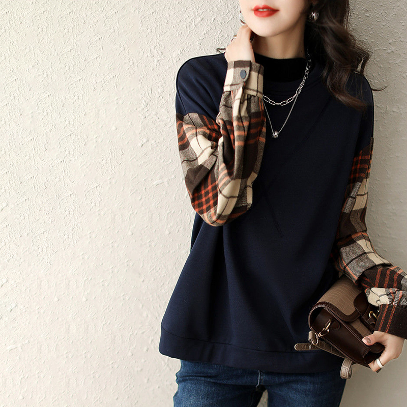 復古格紋假兩件不起球圓領衛衣