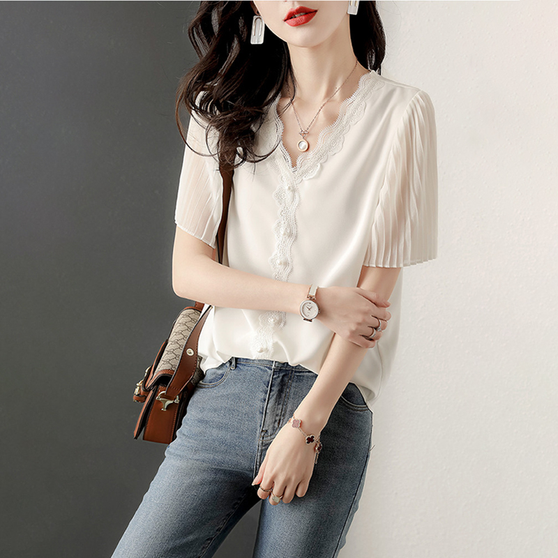 韓式洋氣拼接蕾絲V領短袖小衫