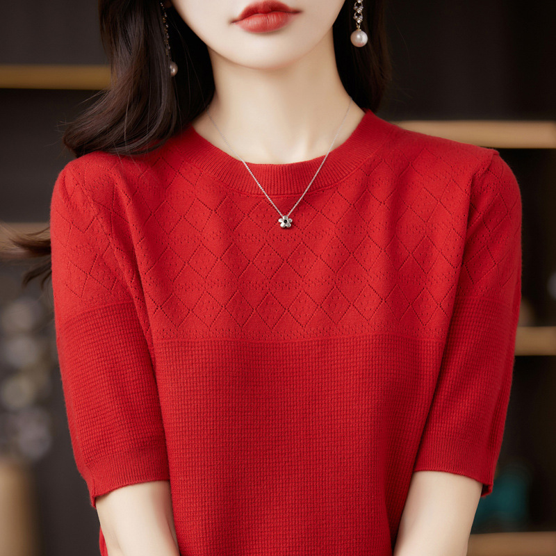 薄款鏤空菱形格針織短袖T恤(14色)