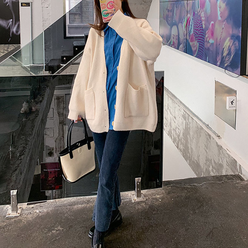 韓系寬鬆洋氣慵懶純色針織開襟衫(8色)